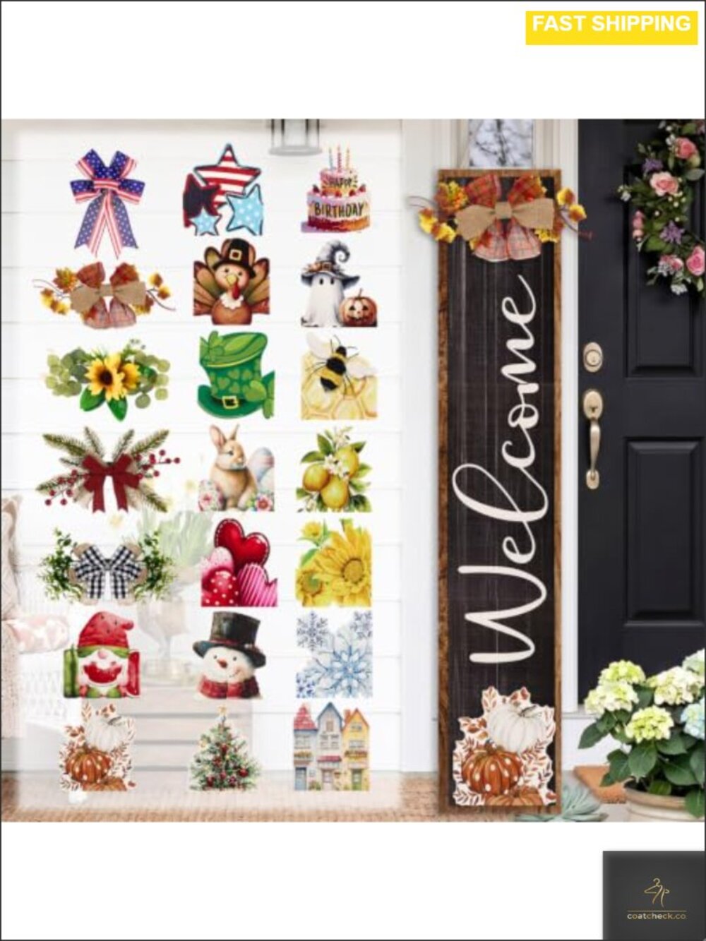 Farmhouse Wood Interchangeable Seasonal Welcome Sign 45.3in Porch Decor